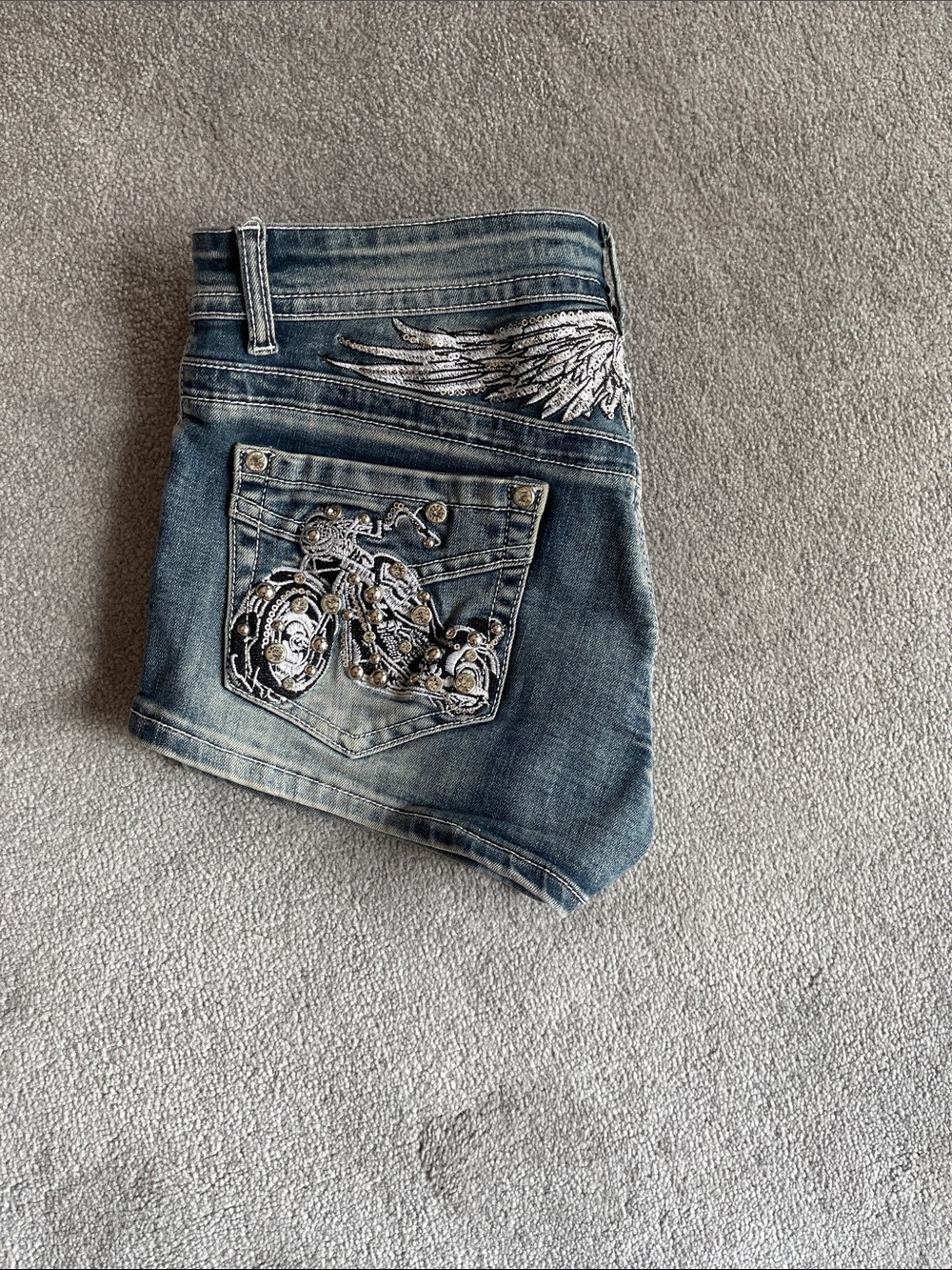 Women's Blue Embroidered Denim Shorts with Sequin Wing Detail